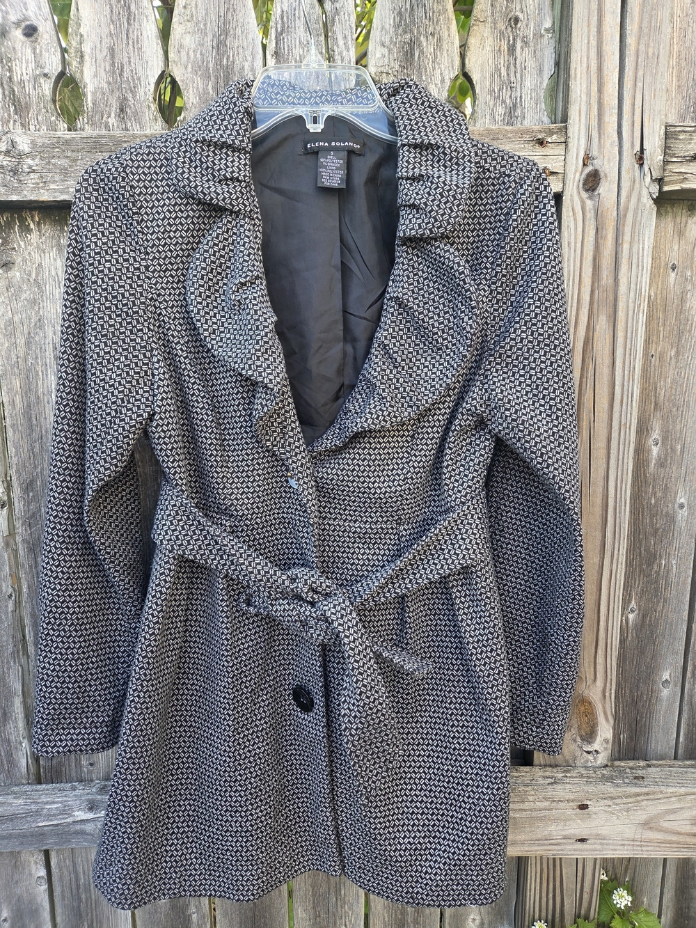 Elana Solano Women's Black & White Patterned Belted Trench Coat